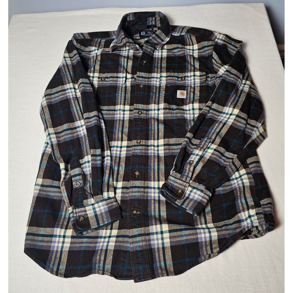 Carhartt Mens Loose Fit Heavyweight Flannel Plaid Shirt Brown Blue